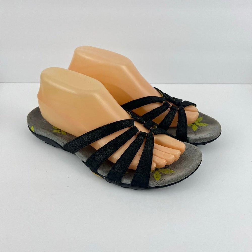 Abeo Sandals‎ Womens 8 N Farren Strappy Slides Black Leather Open Toe Floral